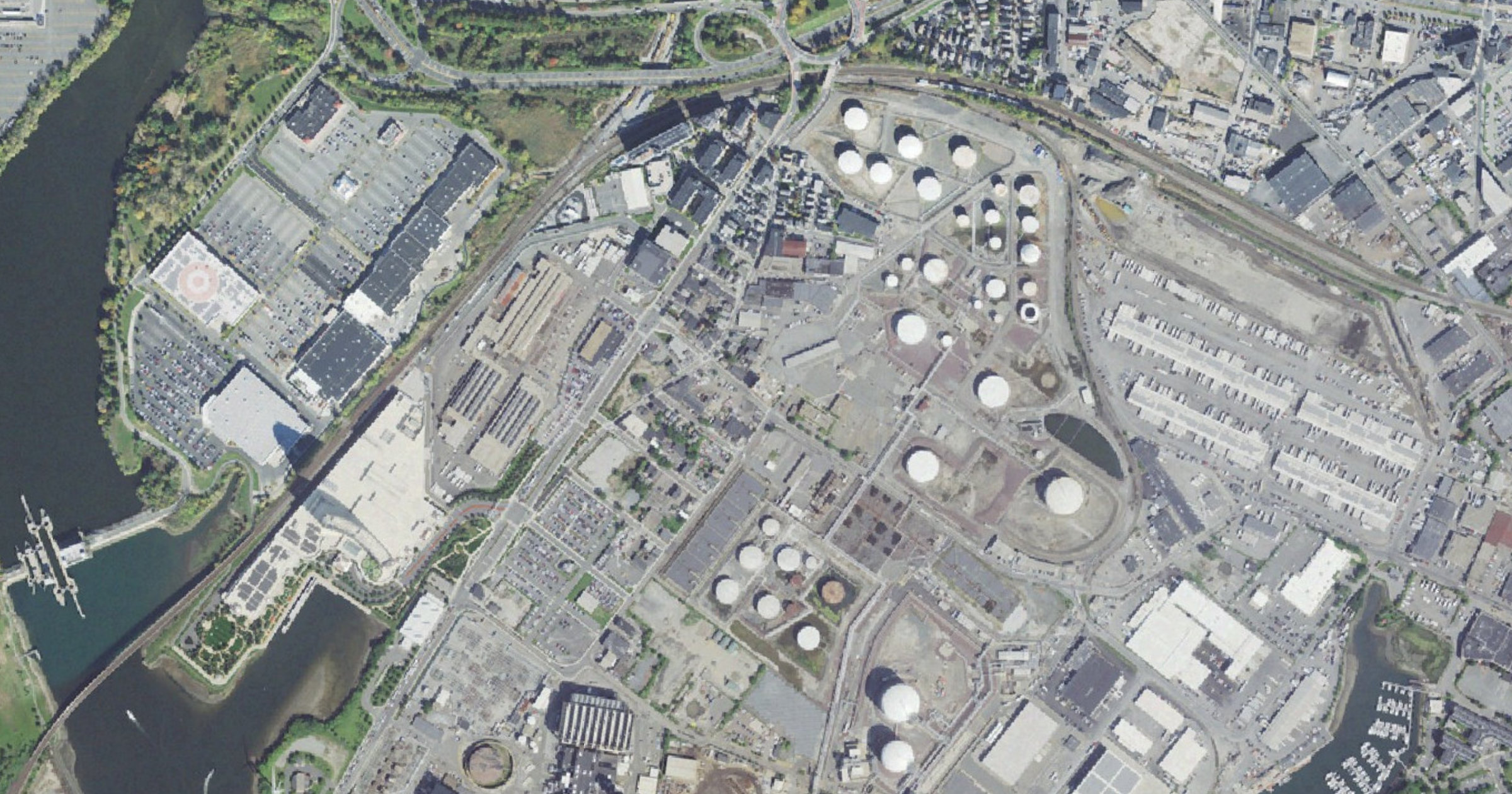 Aerial view of the Everett Docklands Innovation District data center allowance (former ExxonMobil site) site in Everett, MA